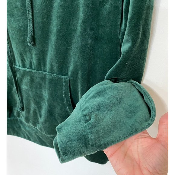 F21 Ambiance Hunter Forest Green Velvet Velour Pullover Hoodie Sweater Medium - Picture 7 of 9